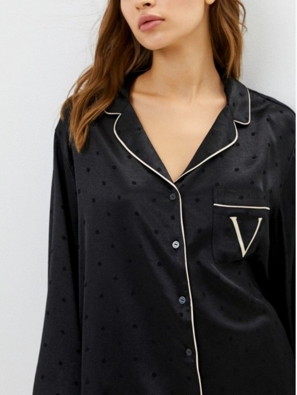 Victoria's Secret Black Satin Pajama Top with Cream Piping